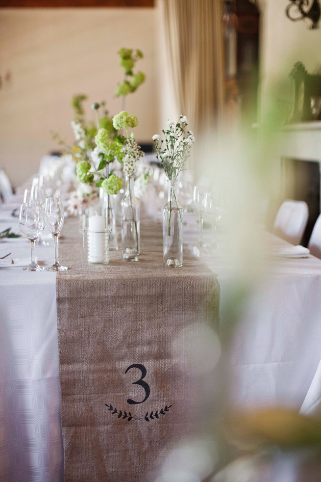 Burlap table runner with table number. Great DIY idea! Green White Rustic South African Wedding // Justin Davis Photography