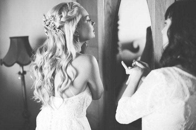 Long wedding hairstyle with braid. Green White Rustic South African Wedding // Justin Davis Photography