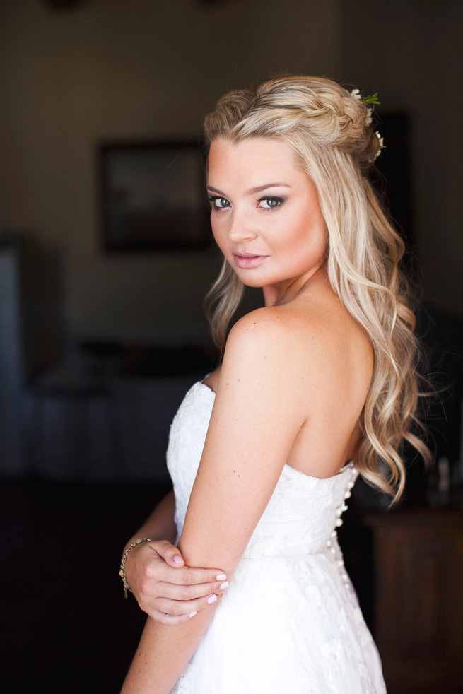 Long wedding hairstyle with braid. Green White Rustic South African Wedding // Justin Davis Photography