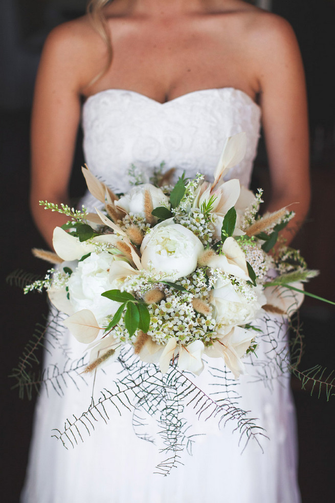 White green and brown peony bride bouqute. Green White Rustic South African Wedding // Justin Davis Photography