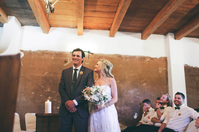 Groom in grey suit with grey tie. Green White Rustic South African Wedding // Justin Davis Photography