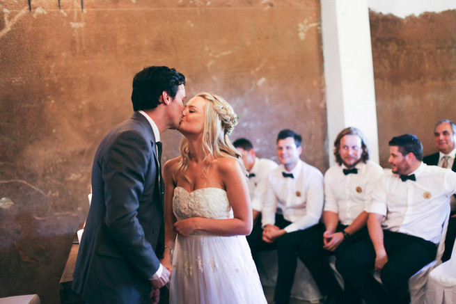 Groom in grey suit with grey tie. Green White Rustic South African Wedding // Justin Davis Photography