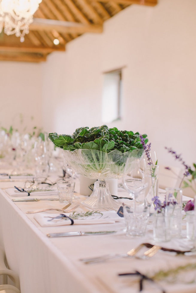 Single stem lavender and purple tulips in glass vases. Simple and effective. Gorgeous Navy Gold Wedding at Babylonstoren / Charlene Schreuder Photography 