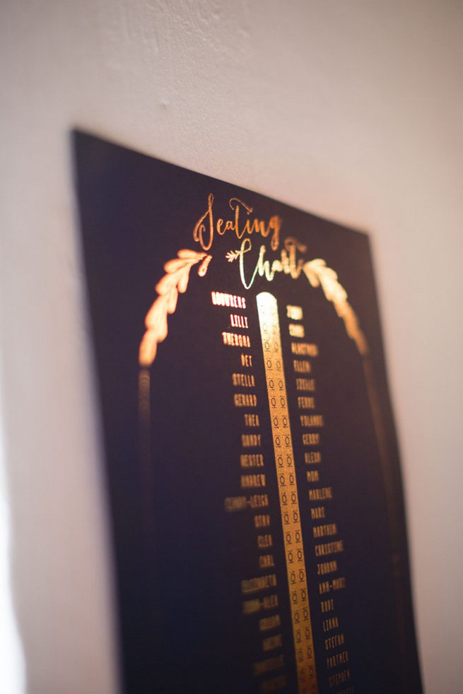 Navy blue seating chart with gold embossed laurels and detailing. Gorgeous Navy Gold Wedding at Babylonstoren / Charlene Schreuder Photography 