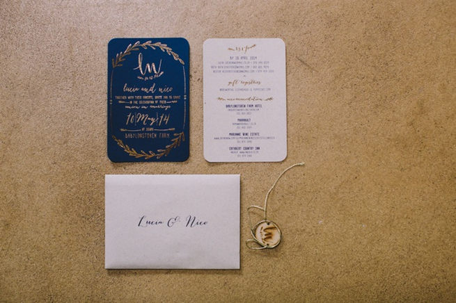 Gold and Navy Wedding Invitation with gold laurel details / Navy Gold Wedding Babylonstoren / Charlene Schreuder Photography