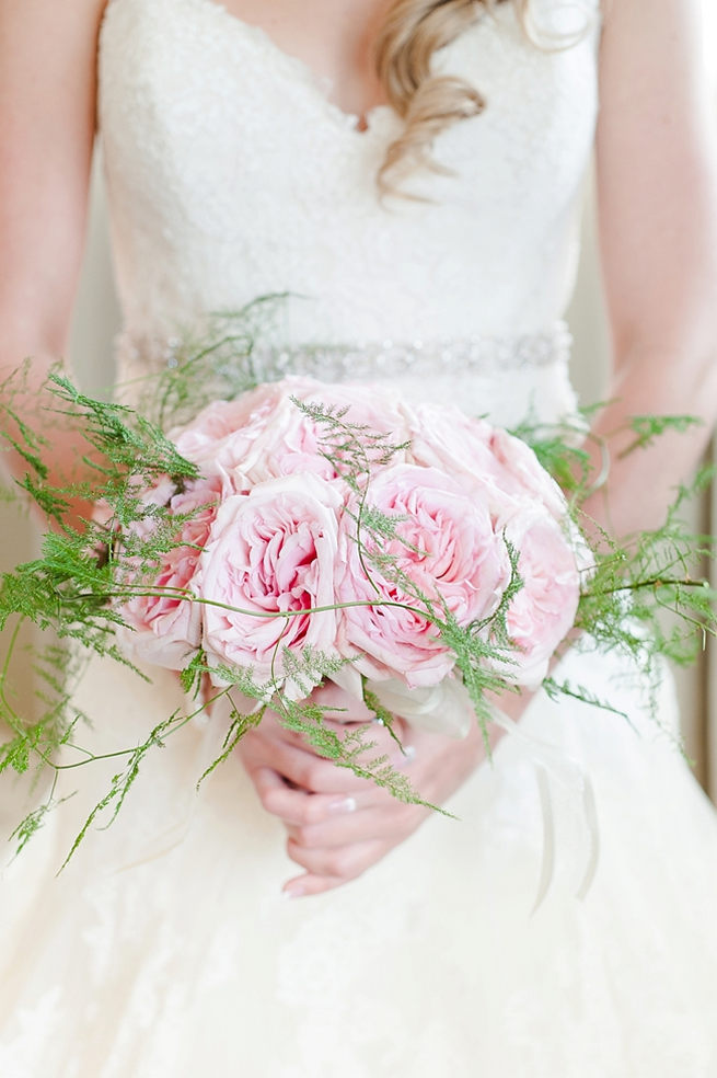 Stunning soft pink peony bridal bouquet with soft green ferns // D’amor Photography