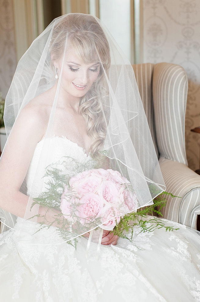 Long, loose wedding curls, blush pink Peony bouquet and gorgeous tulle Enzoani bridal gown - pure perfection! // D’amor Photography