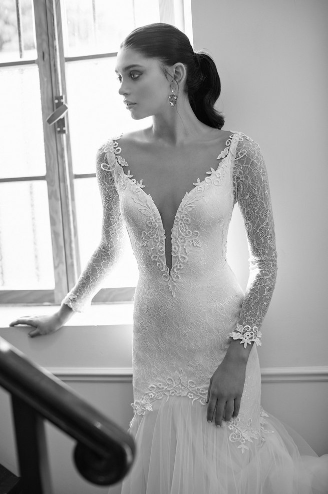 Long, lace sleeved Riki Dalal 2015 Wedding Dress with deep V plunging neckline