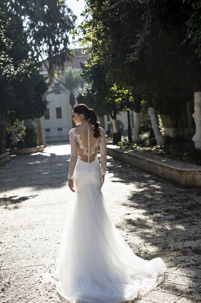 Long, lace sleeved Riki Dalal 2015 Wedding Dress with deep V plunging neckline and illusion back with lace tattoo