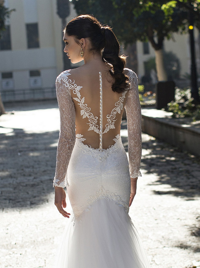 Long, lace sleeved Riki Dalal 2015 Wedding Dress with deep V plunging neckline and illusion back with lace tattoo