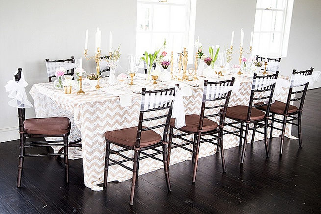 Gold glitter chevron wedding table cloth tablescape. Soft Pink and Gold Wedding by Samanatha Jackson Photo