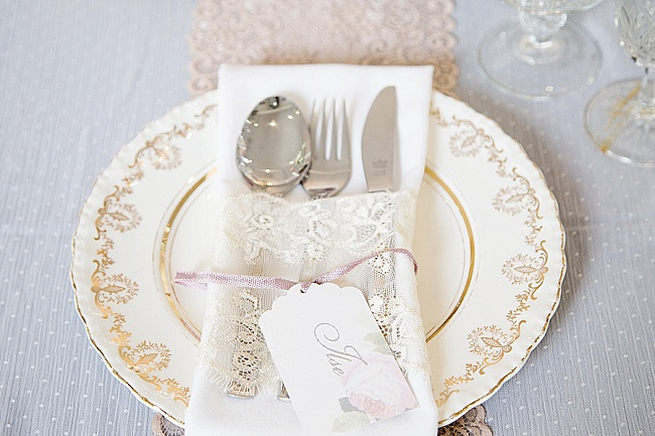 Gold and cream vintage place setting / Soft Pink and Gold Wedding by Samanatha Jackson Photo