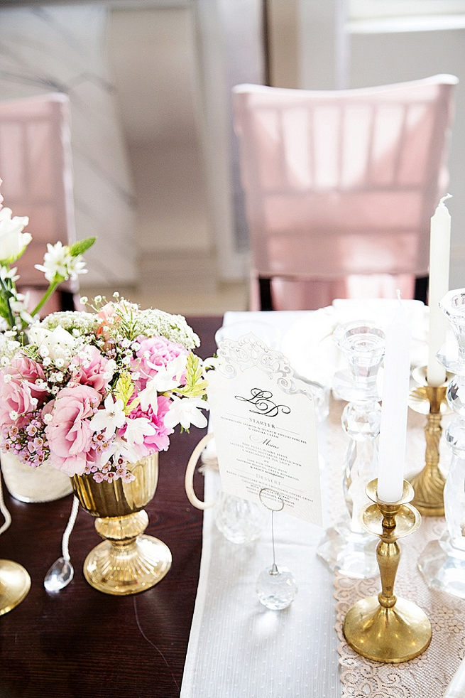 Wedding tablescape with gold vases and blush pink flowers Soft Pink and Gold Wedding by Samanatha Jackson Photo