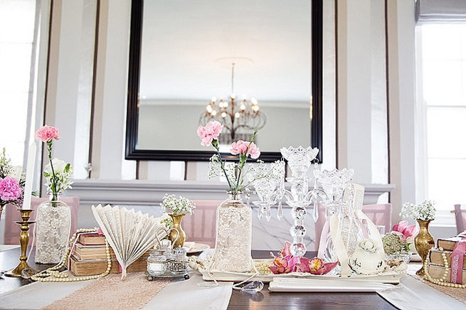 Vintage tablescape. Soft Pink and Gold Wedding by Samanatha Jackson Photo