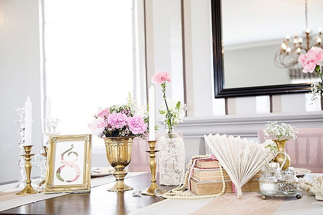 Gold and pink vintage inspired table decor for wedding. Soft Pink and Gold Wedding by Samanatha Jackson Photo