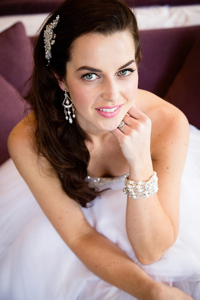 Pretty bridal bracelet and stunning earrings. Soft Pink and Gold Wedding by Samanatha Jackson Photo