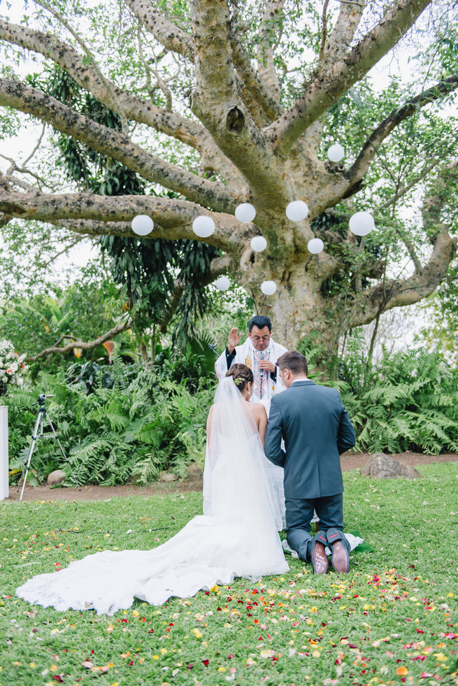 Wedding ceremony under a gorgeous old tree with white chinese lanterns // Succulent Garden Wedding // Claire Thomson Photography