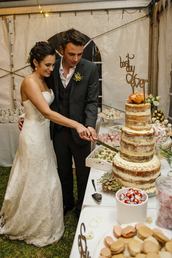 Best Day Ever wood lazer cut cake topper on naked cake // Succulent Garden Wedding // Claire Thomson Photography