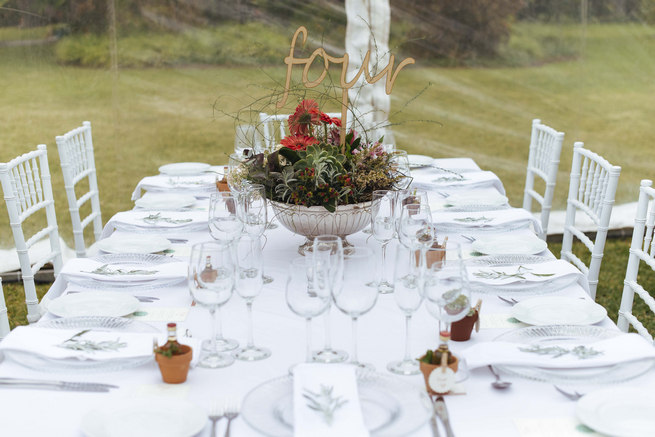Tablescape with Succulent centerpiece arrangement with lazer cut table number // Succulent Garden Wedding // Claire Thomson Photography