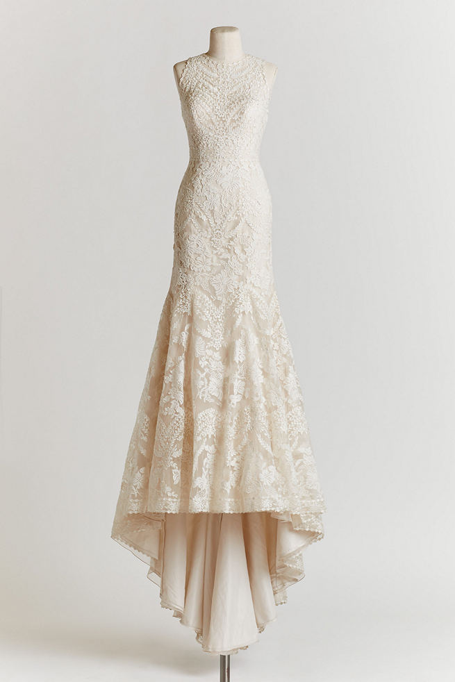 Vintage Wedding Dress: the figure hugging Adalynn gown with mermaid skirt, made from embroidered organaza, is vintage-inspired elegance at its finest!
