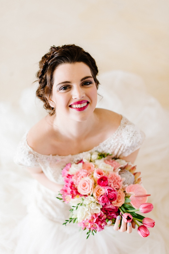 Alana van Heerden Wedding Dress. Bouquet of pink and blush roses, pink tulips, King Protea, lily.// Pics Debbie Lourens // Make-up and Hair: Fringe Hair and Make-up // Flowers Paramithi Flowers and Decor