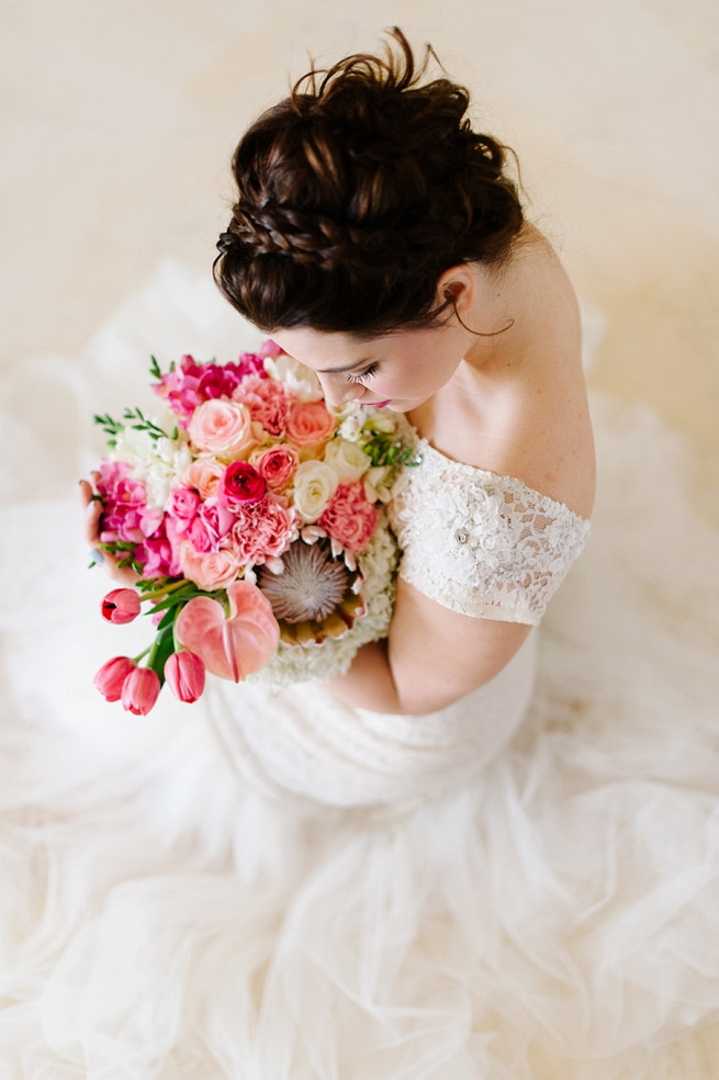 Alana van Heerden Wedding Dress. Bouquet of pink and blush roses, pink tulips, King Protea, lily.// Pics Debbie Lourens // Make-up and Hair: Fringe Hair and Make-up // Flowers Paramithi Flowers and Decor