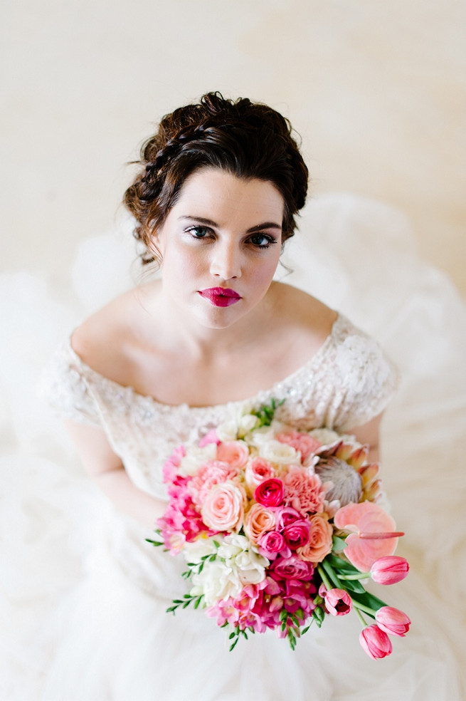 Alana van Heerden Wedding Dress. Bouquet of pink and blush roses, pink tulips, King Protea, lily.// Pics Debbie Lourens // Make-up and Hair: Fringe Hair and Make-up // Flowers Paramithi Flowers and Decor