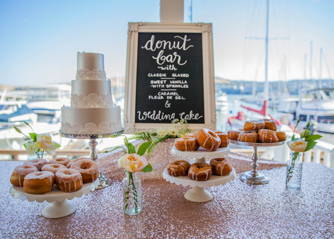 Glitter tablescloth from Napa Valley Linens, A Spoonful of Sugar Cakes, Elegant Gray Blue Nautical Wedding by Rachel Capil Photography and Lindsay Lauren Events