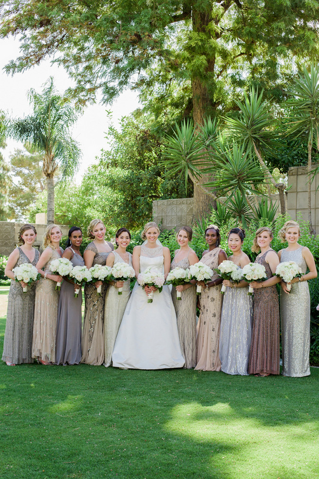 Silver, gray, and pewter bridesmaid dresses. Glamorous Gatsby Inspired Wedding by Elyse Hall Photography - Confetti Daydreams Wedding Blog