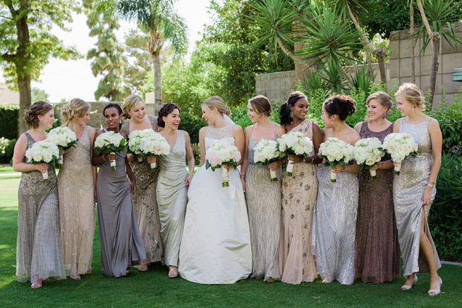 Silver, gray, and pewter bridesmaid dresses. Glamorous Gatsby Inspired Wedding by Elyse Hall Photography - Confetti Daydreams Wedding Blog