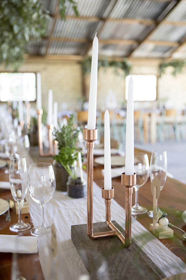 Gold candle holders and herb planters // // Organic Farm Style Karoo Wedding // christine Le Roux Photography