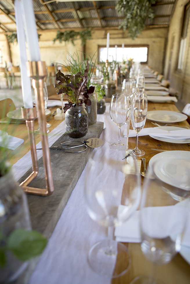 Gold candle holders and herb planters // // Organic Farm Style Karoo Wedding // christine Le Roux Photography