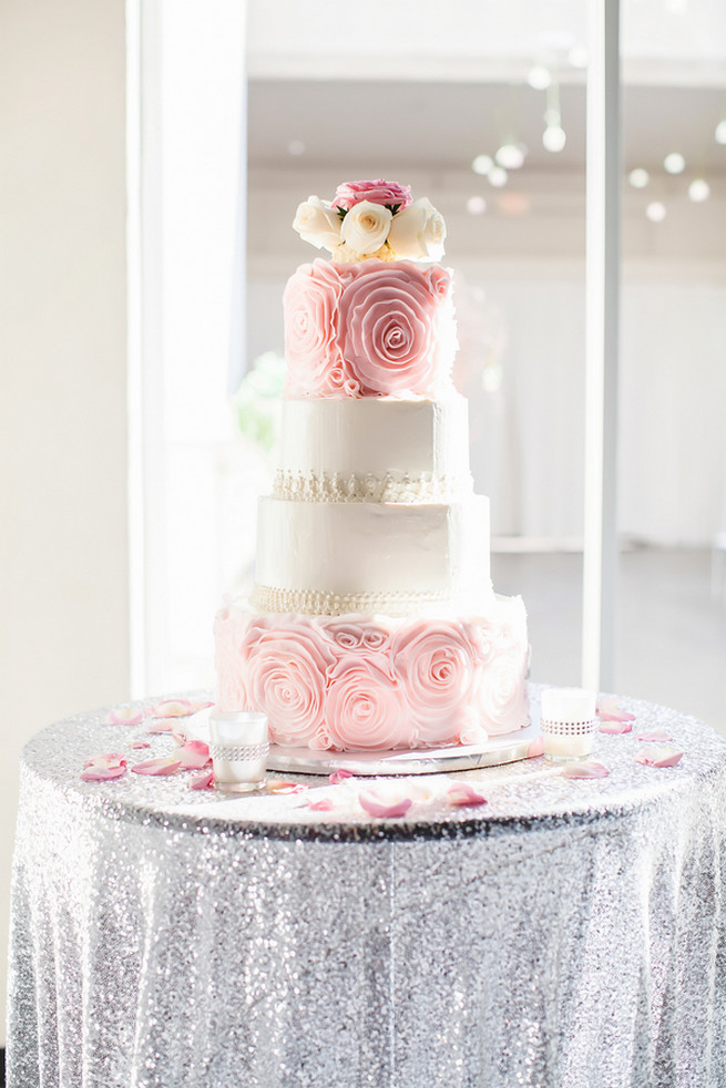 Peach pink and cream ruffle wedding cake with cream and pink roses // Modern Romance: Pink and Silver Wedding // Jessica Q Photography