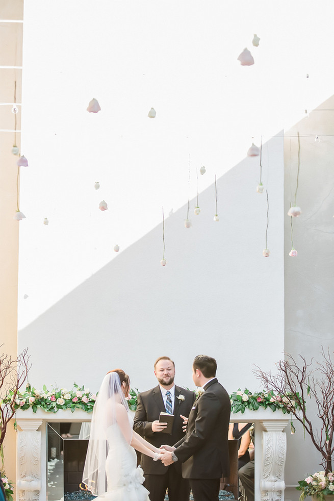 Wedding ceremony with hanging decor // Modern Romance: Pink and Silver Wedding // Jessica Q Photography