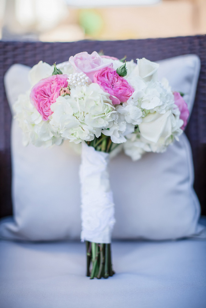 Pink and blush roses, white roses and white hydrangea bouquet // Modern Romance: Pink and Silver Wedding // Jessica Q Photography