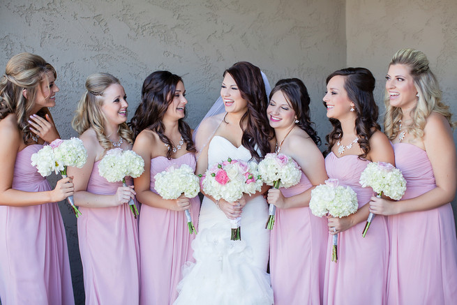 Bridesmaids wearing long blush strapless gowns // Modern Romance: Pink and Silver Wedding // Jessica Q Photography