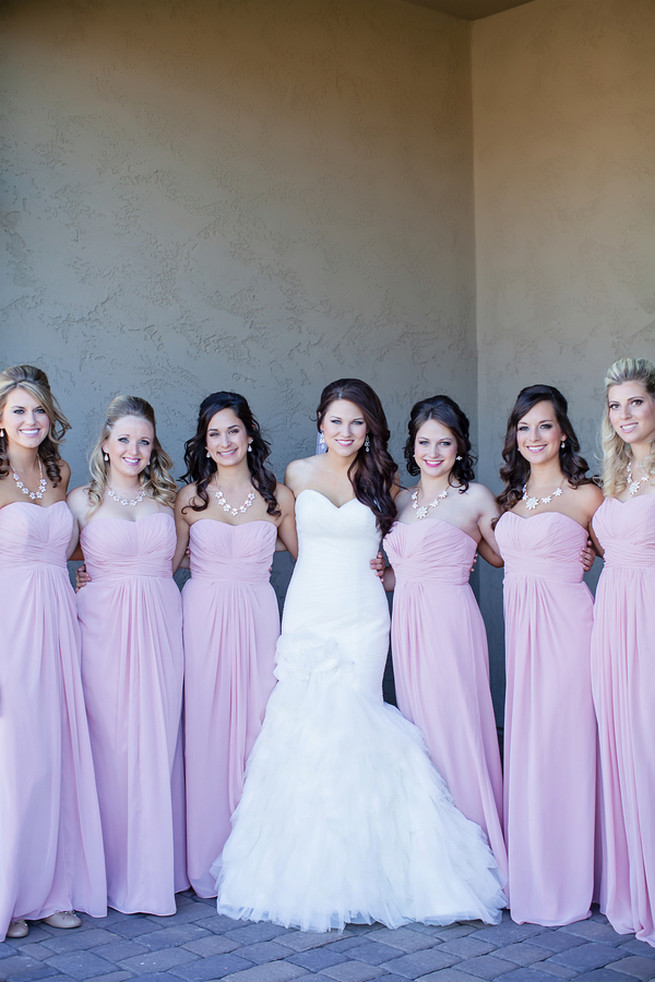 Bridesmaids wearing long blush strapless gowns // Modern Romance: Pink and Silver Wedding // Jessica Q Photography