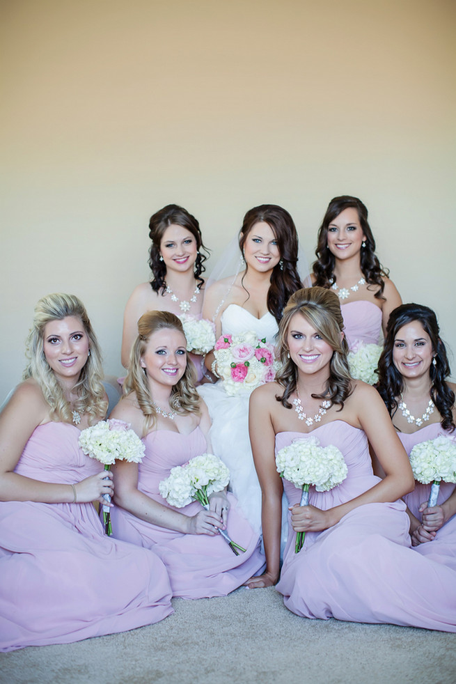 Bridesmaids wearing long blush strapless gowns // Modern Romance: Pink and Silver Wedding // Jessica Q Photography