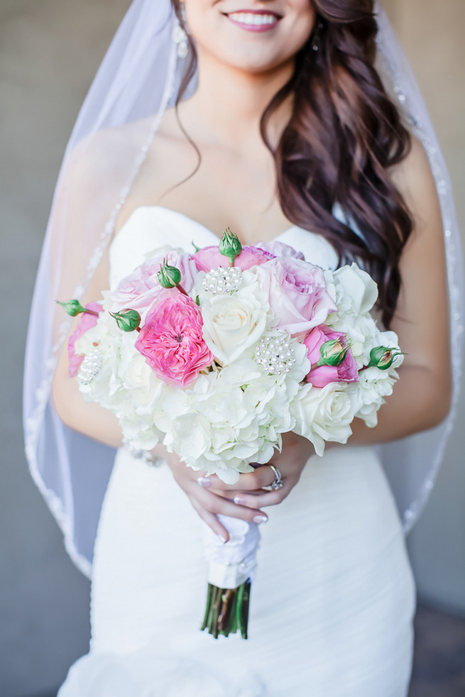 Pink and blush roses, white roses and white hydrangea bouquet // Modern Romance: Pink and Silver Wedding // Jessica Q Photography