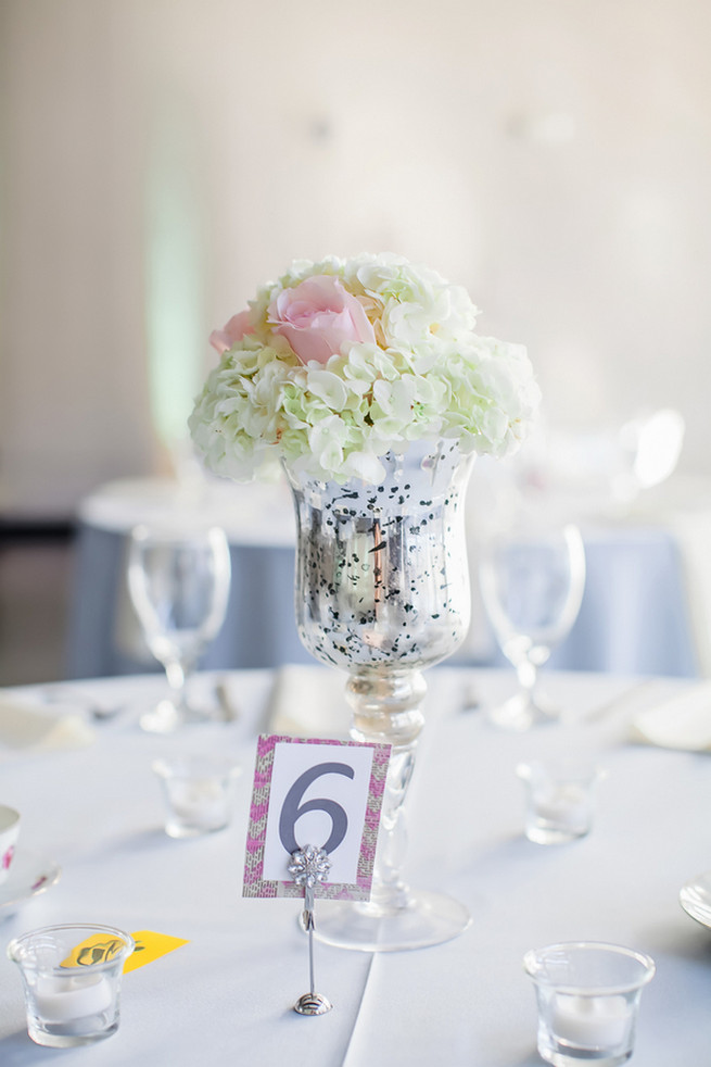 Silver mercury glass vase with white hydrangea and pink roses