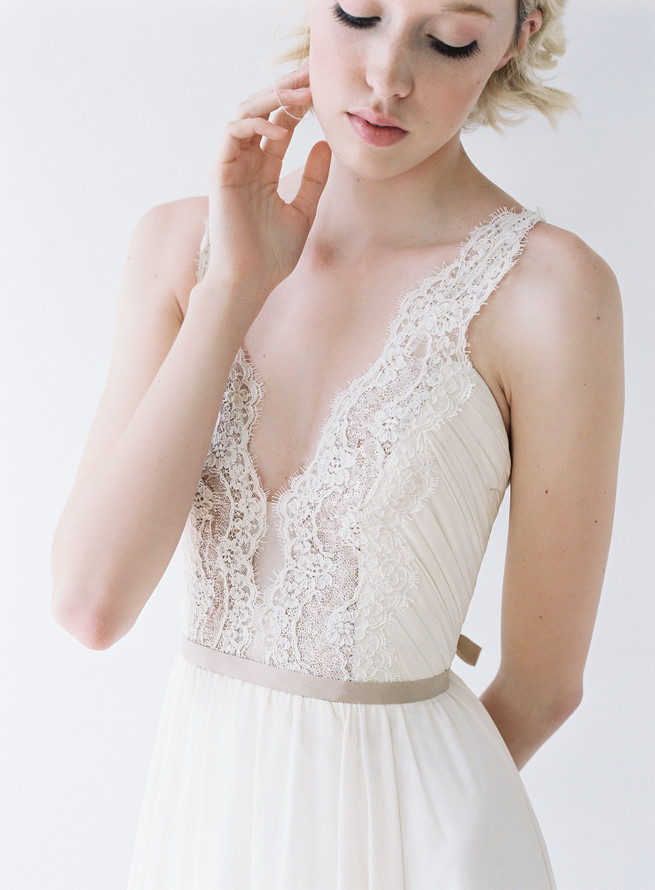 Wedding dress with scalloped lace V front. Truvelle Wedding Dress by Blush Wedding Photography