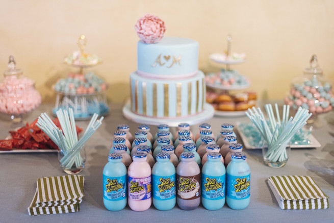 Gold, blue, pink wedding cake dessert table with steri stumpie milkshakes. White and Gold DIY Chevron Wedding, South Africa, by Claire Thomson Photography