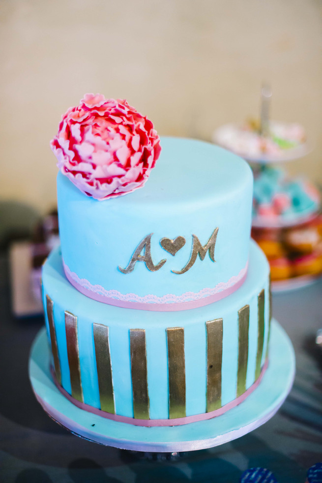 Gold blue and pink cute wedding cake. White and Gold DIY Chevron Wedding, South Africa, by Claire Thomson Photography