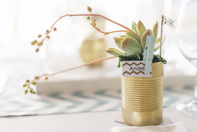 Gold painted tin with succulents as favor. White and Gold DIY Chevron Wedding, South Africa, by Claire Thomson Photography