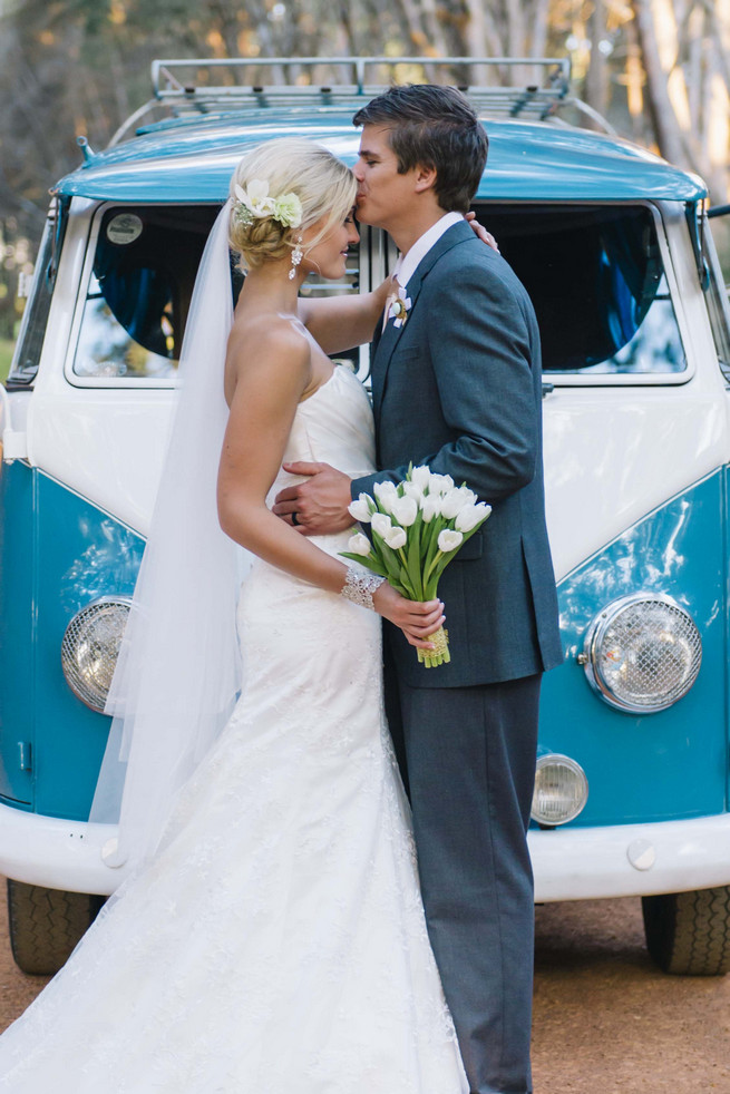 Couple photos in front of a vintage volkswagen van. ite and Gold DIY Chevron Wedding, South Africa, by Claire Thomson Photography