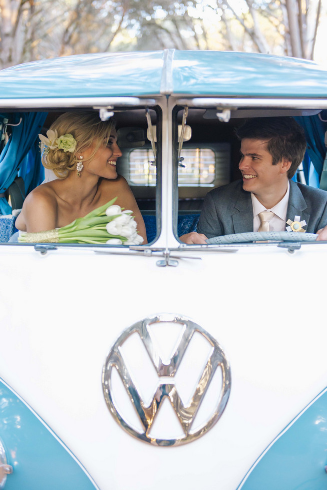 Couple photos in front of a vintage volkswagen van. ite and Gold DIY Chevron Wedding, South Africa, by Claire Thomson Photography