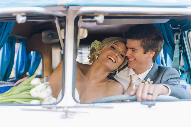 Couple photos in front of a vintage volkswagen van. ite and Gold DIY Chevron Wedding, South Africa, by Claire Thomson Photography