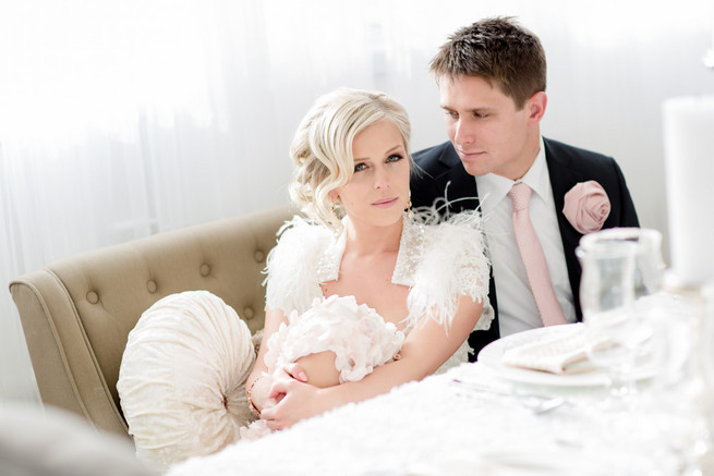 Elegant bridal upstyle with soft curls. White on White Glamorous Wedding Ideas by ENV Photography 