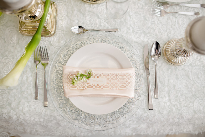 Elegant place setting. White on White Glamorous Wedding Ideas by ENV Photography. Styled by Elegant Touches and Atmosphere Weddings