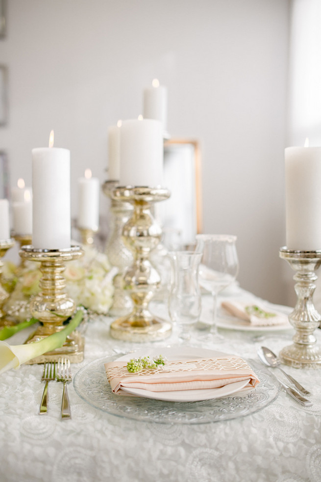 Elegant place setting. White on White Glamorous Wedding Ideas by ENV Photography. Styled by Elegant Touches and Atmosphere Weddings